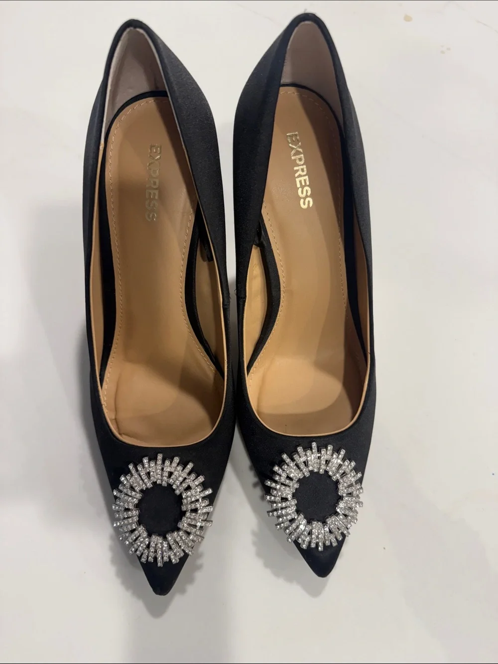 Express Black Pointed Toe Crystal-Embellished Pumps